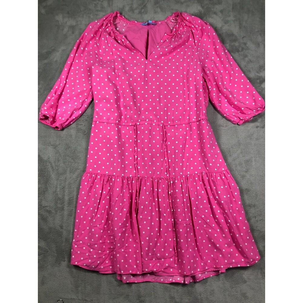 Draper James Tiered Dress Pink Polka Dot Size Medium 3/4 Sleeve V-Neck Tie
